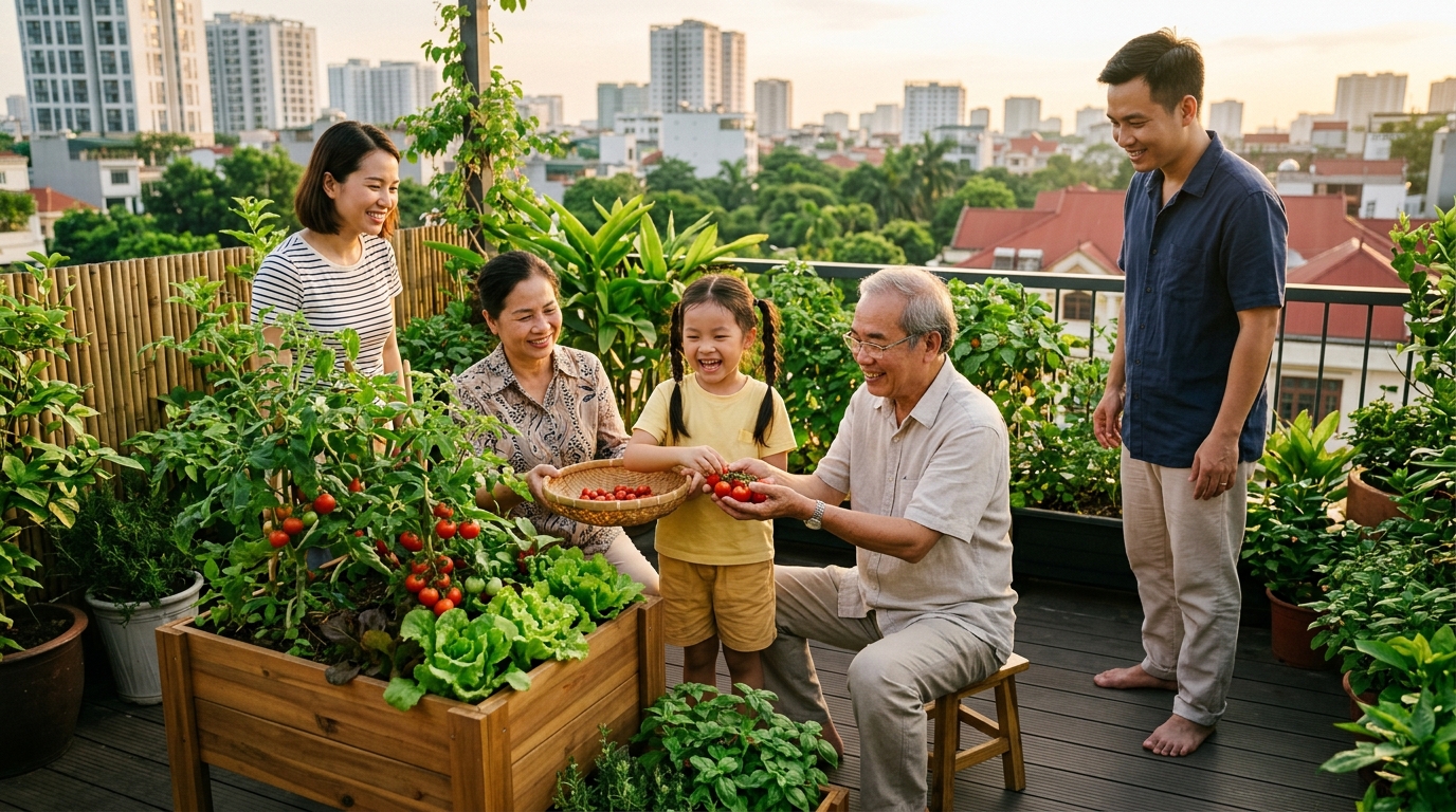 Gia đình ba thế hệ sum vầy hạnh phúc bên khu vườn Famifarm